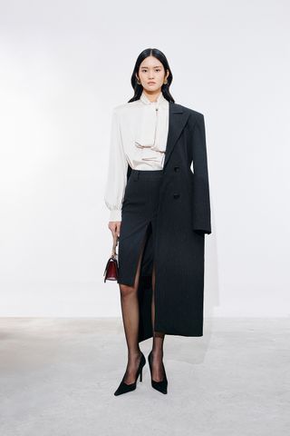 Femme pussy-bow silk blouse - Quinn Embellished Pinstriped Coat - Sid Pinstriped Skirt - White-Dark Grey