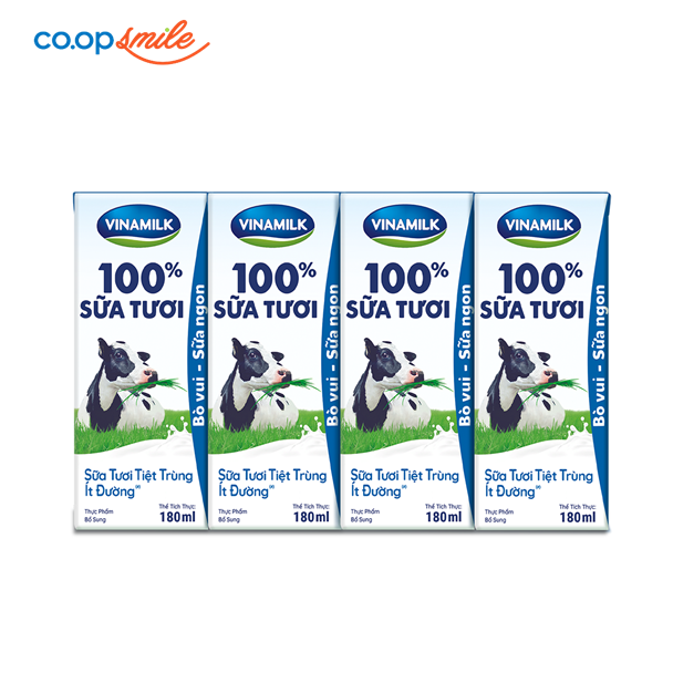 Sữa tươi tiệt trùng Vinamilk 100% ít đường lốc 4x180ml