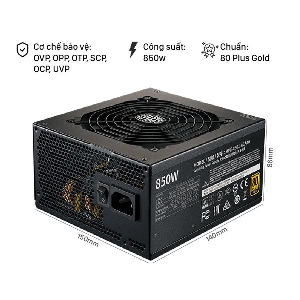 Nguồn máy tính COOLERMASTER MWE 80 Plus Gold 850 V2 Full Modular 850W Đen/Black