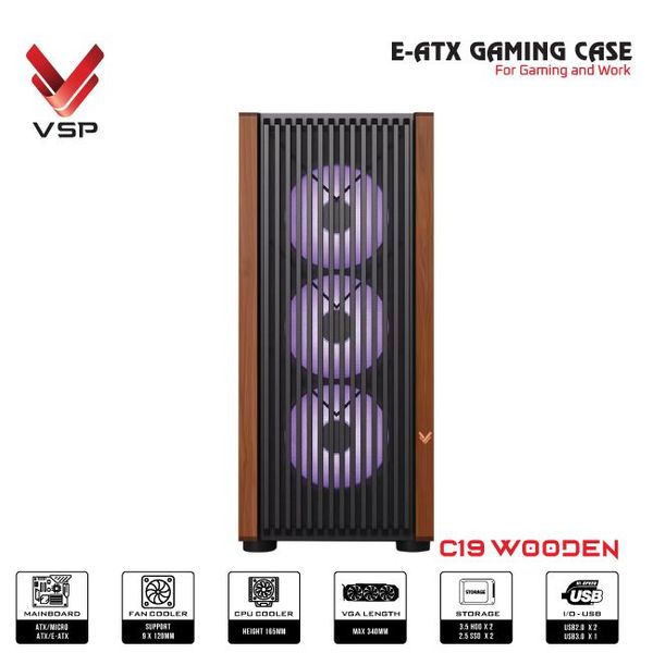 Vỏ case VSP C19 Woonden ( Không Fan ) | ATX Đen/ Black
