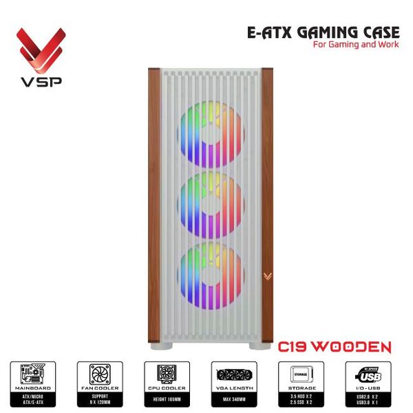 Vỏ case VSP C19 Woonden ( Không Fan ) | ATX Đen/ Black