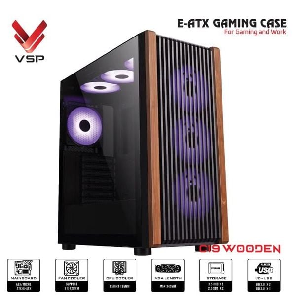 Vỏ case VSP C19 Woonden ( Không Fan ) | ATX Đen/ Black
