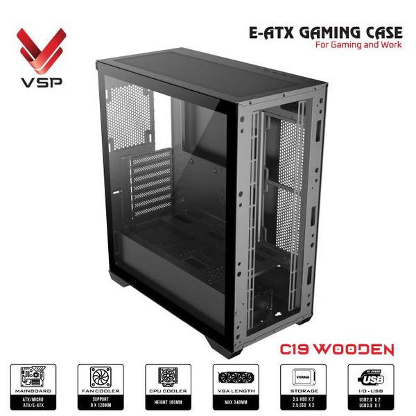 Vỏ case VSP C19 Woonden ( Không Fan ) | ATX Đen/ Black