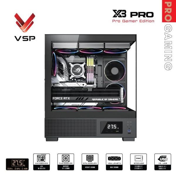 Vỏ case VSP X3 Pro Monitor Gamer Edition Đen/Black | ATX