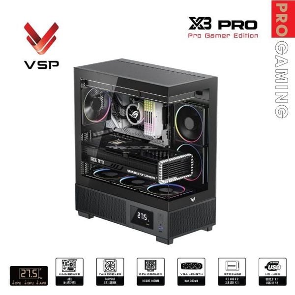 Vỏ case VSP X3 Pro Monitor Gamer Edition Đen/Black | ATX
