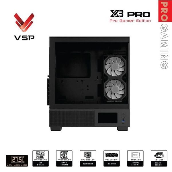 Vỏ case VSP X3 Pro Monitor Gamer Edition Đen/Black | ATX