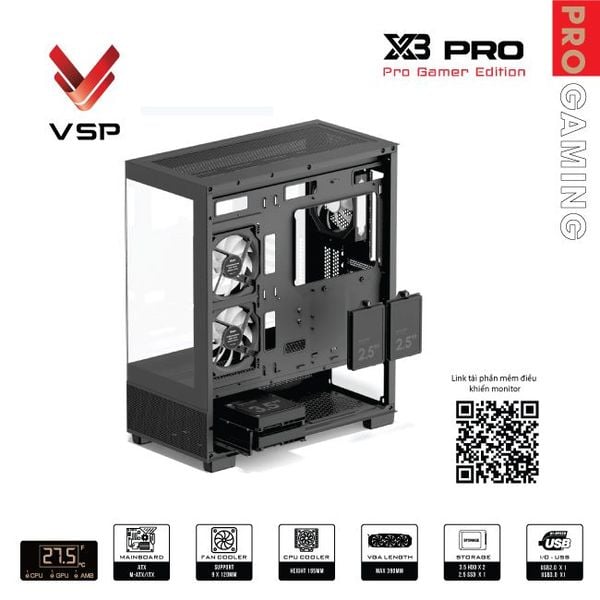 Vỏ case VSP X3 Pro Monitor Gamer Edition Đen/Black | ATX