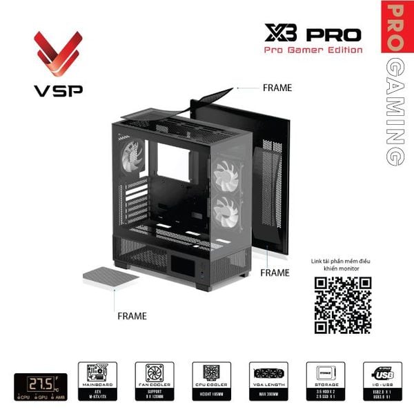 Vỏ case VSP X3 Pro Monitor Gamer Edition Đen/Black | ATX