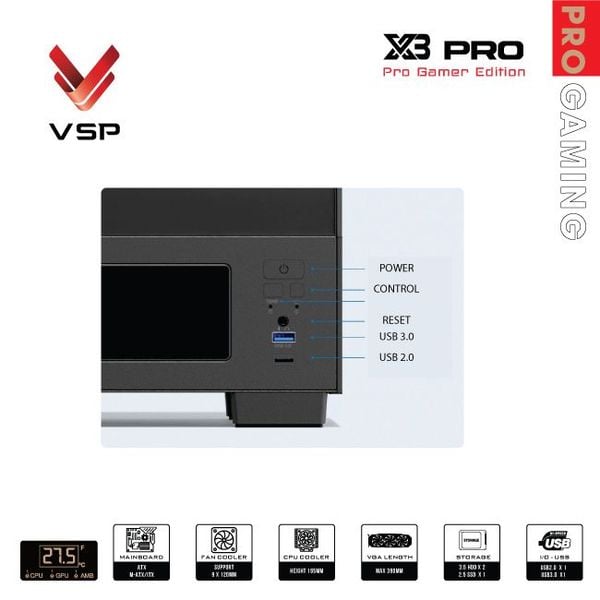 Vỏ case VSP X3 Pro Monitor Gamer Edition Đen/Black | ATX