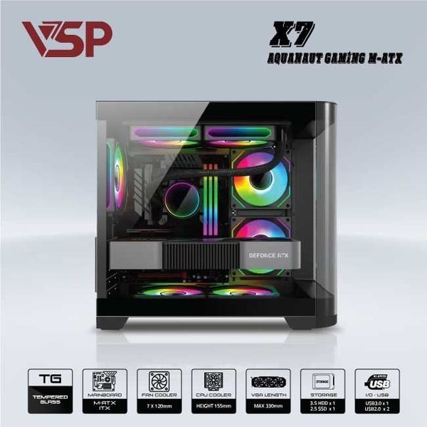 Vỏ Case VSP X7 AQUANAUT GAMING Đen/Black | Micro ATX (No FAN)