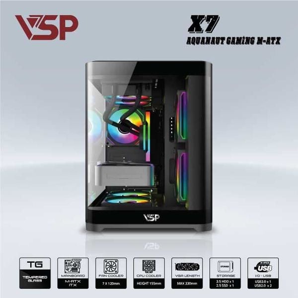 Vỏ Case VSP X7 AQUANAUT GAMING Đen/Black | Micro ATX (No FAN)