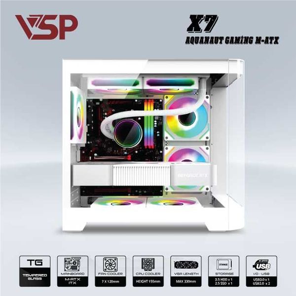 Vỏ Case VSP X7 AQUANAUT GAMING Trắng/White | Micro ATX (No FAN)