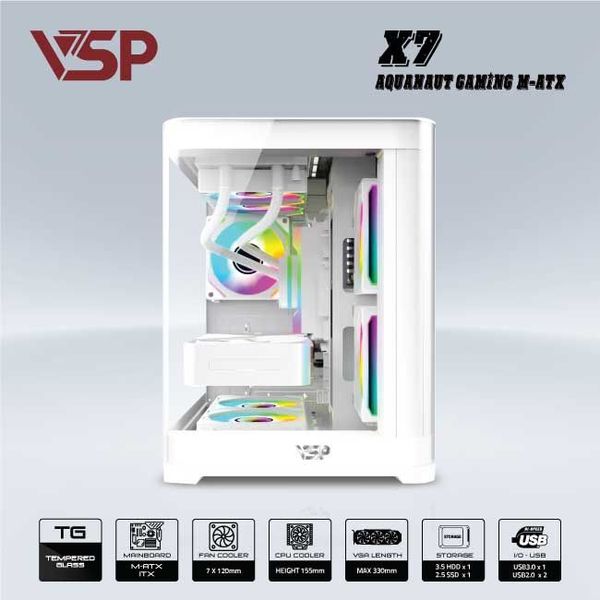 Vỏ Case VSP X7 AQUANAUT GAMING Trắng/White | Micro ATX (No FAN)