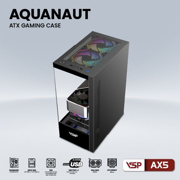 CASE VSP AX5 AQUANAUT GAMING ATX ĐEN NEW ( KHÔNG KÈM FAN)