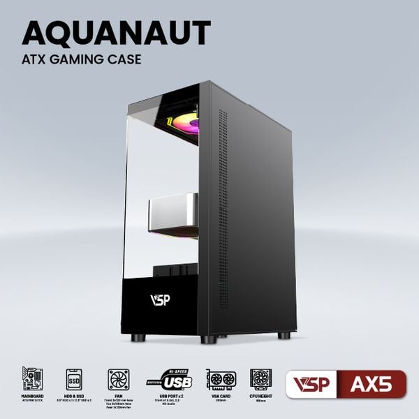 CASE VSP AX5 AQUANAUT GAMING ATX ĐEN NEW ( KHÔNG KÈM FAN)