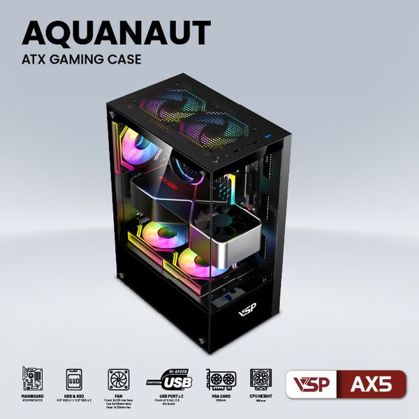 CASE VSP AX5 AQUANAUT GAMING ATX ĐEN NEW ( KHÔNG KÈM FAN)