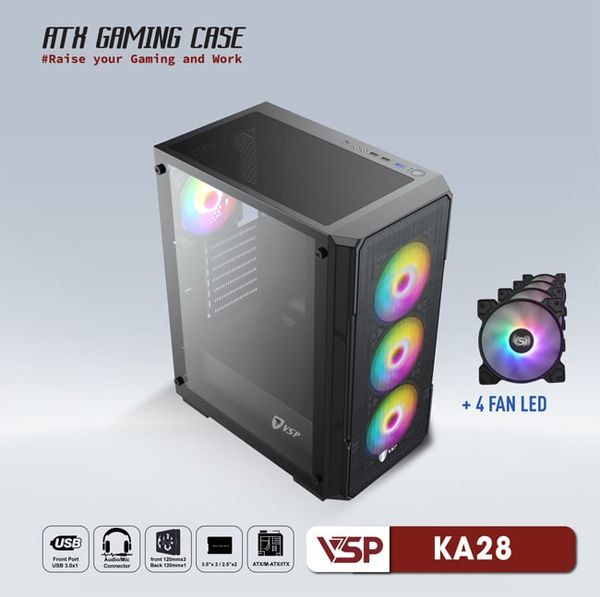 Vỏ case VSP KA28 4F ( Sẵn 4 Fan ) Đen/Black
