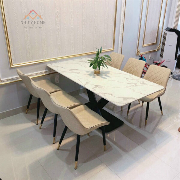 Bàn ăn mặt đá khung chữ X 6 ghế Loft cao cấp