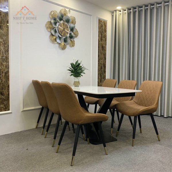 Bàn ăn mặt đá khung chữ X 6 ghế Loft cao cấp