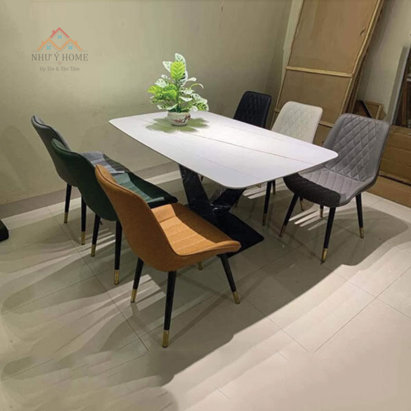 Bàn ăn mặt đá khung chữ X 6 ghế Loft cao cấp