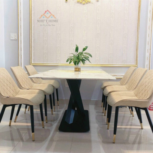 Bàn ăn mặt đá khung chữ X 6 ghế Loft cao cấp