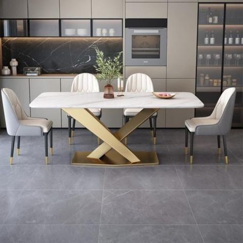 Bàn ăn 6 ghế mặt đá Ceramic chân X sơn nhũ vàng