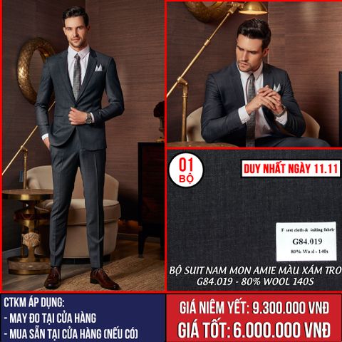 [NGÀY 11.11] Bộ Suit Nam Mon Amie Màu Xám Tro G84.019 - 80% Wool 140s