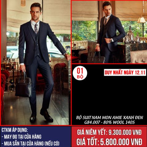 [NGÀY 12.11] Bộ Suit Nam Mon Amie Xanh Đen G84.007 - 80% Wool 140s