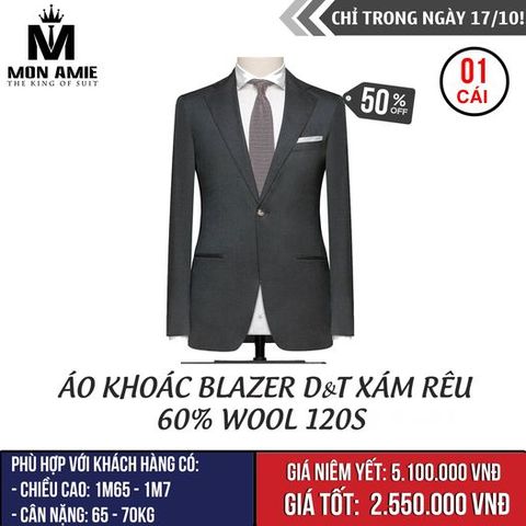 [NGÀY 17.10] Áo Khoác Blazer D&T Xám Rêu 60% Wool 120s
