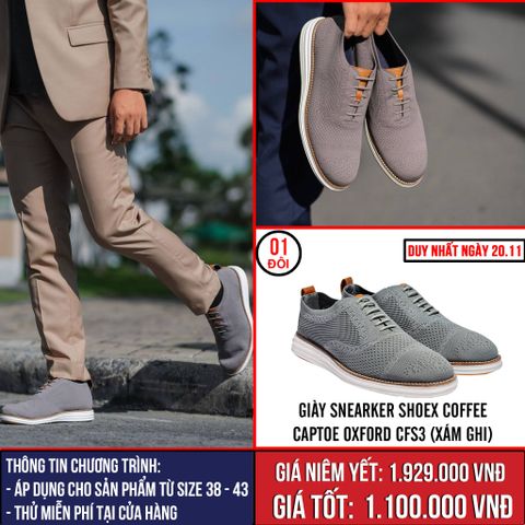 [NGÀY 20.11] Giày Sneaker ShoeX Coffee Captoe Oxfoed CFS3 (Xám Ghi) - All Size