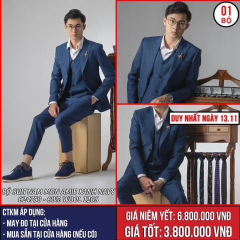 [NGÀY 13.11] Bộ Suit Nam Mon Amie Xanh Navy D&T 624750 - 60% Wool 120s
