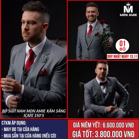 [NGÀY 14.11] Bộ Suit Nam Mon Amie Xám Sáng Vải Icafe 150s