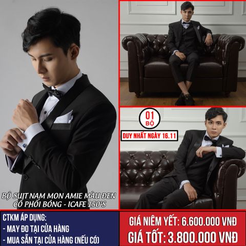 [NGÀY 16.11] Bộ Suit Nam Mon Amie Màu Đen Cổ Phối Bóng - Icafe 150's