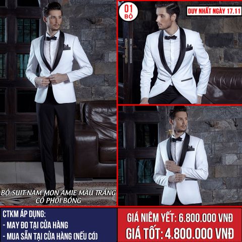 [NGÀY 17.11] Bộ Suit Nam Mon Amie Màu Trắng Cổ Phối Bóng