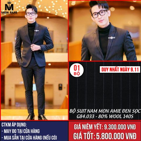 [NGÀY 9.11] Bộ Suit Nam Mon Amie Đen Sọc G84.033 - 80% Wool 140s