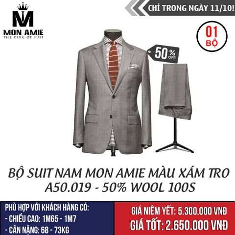 [NGÀY 11.10] Bộ Suit Nam Mon Amie Màu Xám Tro A50.019 - 50% Wool 100s