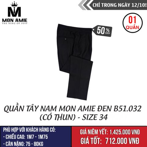 [NGÀY 12.10] Quần Tây Nam Mon Amie Đen B51.032 (Có thun) - Size 34