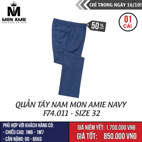 [NGÀY 16.10] Quần Tây Nam Mon Amie Xanh Navy F74.011 - Size 32