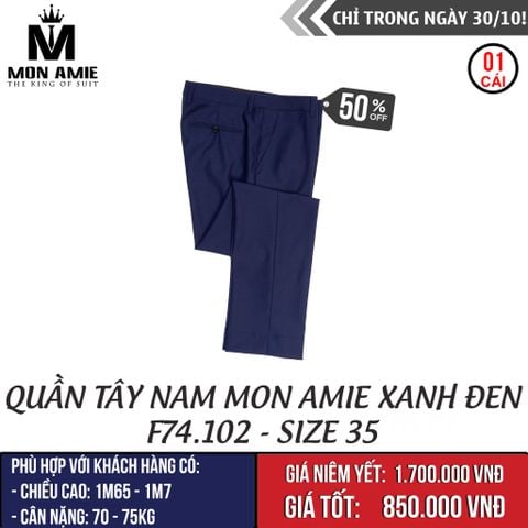 [NGÀY 30.10] Quần Tây Nam Mon Amie Xanh Đen F74.102 - Size 35