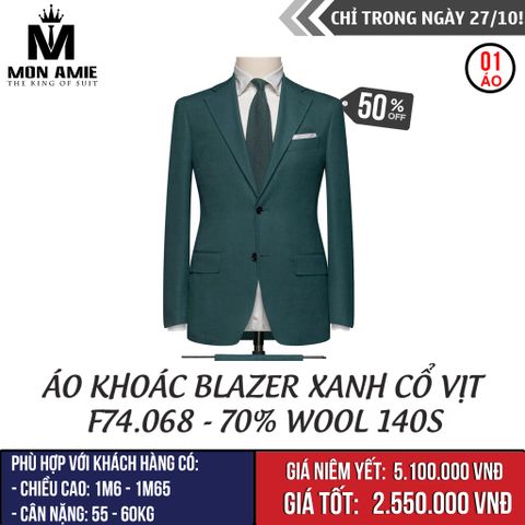 [NGÀY 27.10] Áo Khoác Blazer Xanh Cổ Vịt F74.068 - 70% Wool 140s