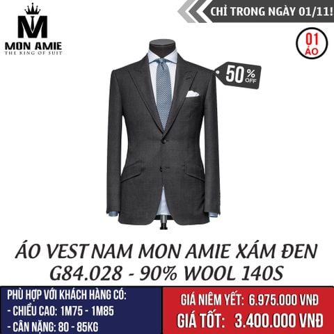[NGÀY 1.11]  Áo Vest Nam Mon Amie Xám Đen G84.028 - 90% Wool 140s (Big Size)
