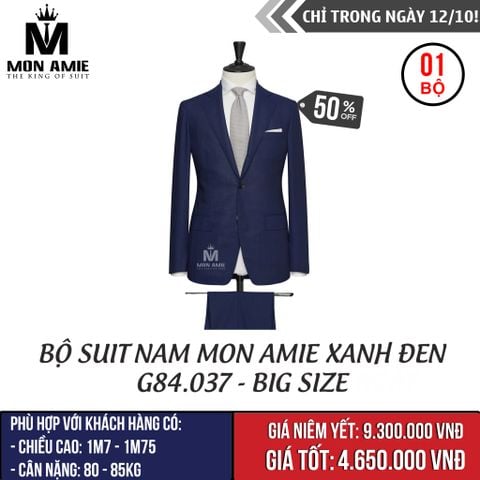 [NGÀY 12.10] Bộ Suit Nam Mon Amie Đen G84.037 - 80% Wool 140s (Dành cho người Big Size)