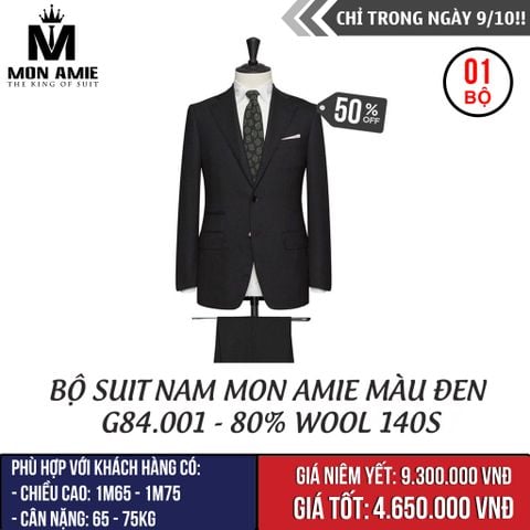 [NGÀY 9.10] Bộ Suit Nam Mon Amie Đen G84.001 - 80% Wool 140s