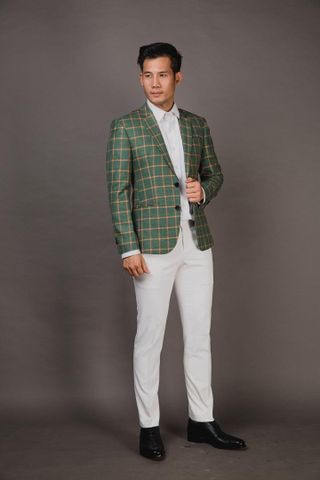 Áo Khoác Blazer Nam Caro Xanh Rêu- Cổ Ve Xuôi - 2 Nút - 25001