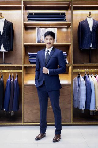 Suit chú rể  Xanh viền ve cổ đen F74.085