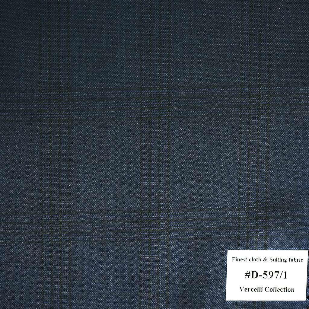 D-597/1 Vercelli V8 - Vải Suit 95% Wool - Xanh Dương Caro