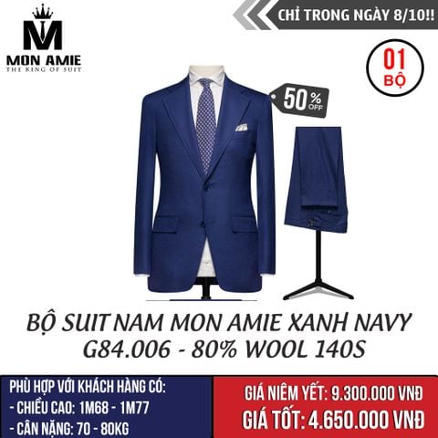 [NGÀY 8.10] Bộ Suit Nam Mon Amie Xanh Navy G84.006 - 80% Wool 140s