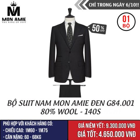 [NGÀY 6.10] Bộ Suit Nam Mon Amie Đen G84.001 80% Wool - 140s