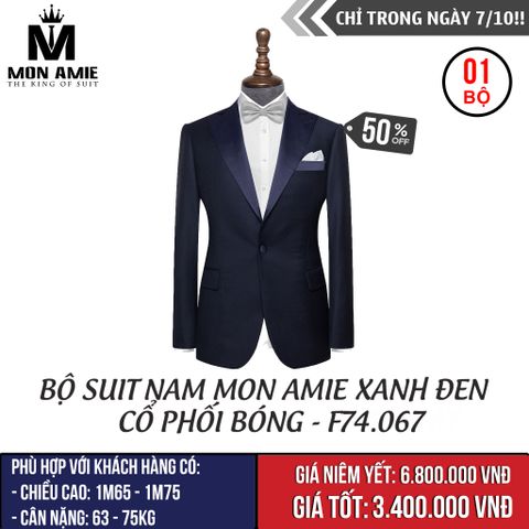[NGÀY 7.10] Bộ Suit Nam Mon Amie Xanh Đen Cổ Phối Bóng F74.067 - 70% Wool 140s