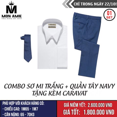 [NGÀY 22.10] Combo Sơ Mi Trắng + Quần Tây Navy Tặng Kèm Caravat